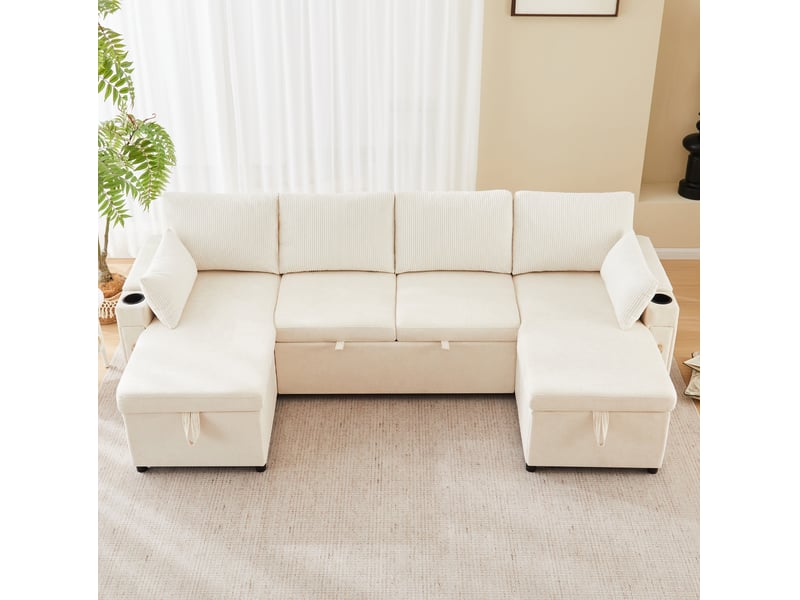 Canapé-lit modulable 4 places en u 272x131 cm – beige – rangement, couchage et porte-gobelets intégrés - Conforama B