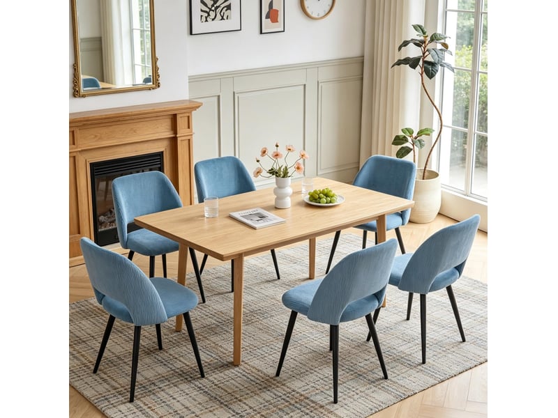  Chaise de salle à manger lot de 6 avec dossier ergonomique et pieds en métal noir, en tissu côtelé bleu  - Conforama E