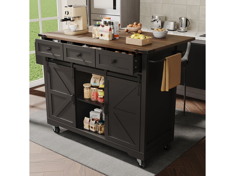  Îlot de cuisine noir avec plateau extensible, chariot sur roulettes avec 2 portes coulissantes et 3 tiroirs, meuble de rangement, 140cm.  - Conforama E
