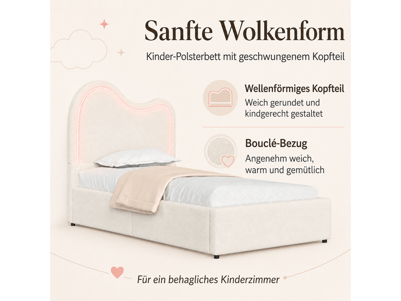  Lit enfant ado 90x200 cm blanc en bouclé avec coffre hydraulique, tête de lit capitonnée, grand rangement et sommier à lattes Morn Vibe - Conforama D