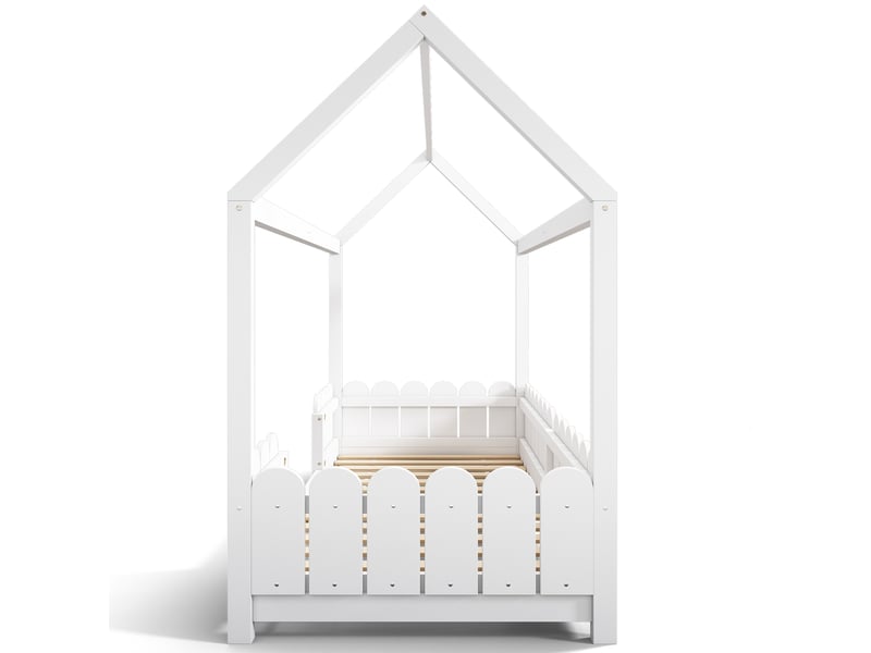  Lit cabane enfant 90x200 blanc avec barrière de sécurité et sommier à lattes bois massif pour chambre  - Conforama A