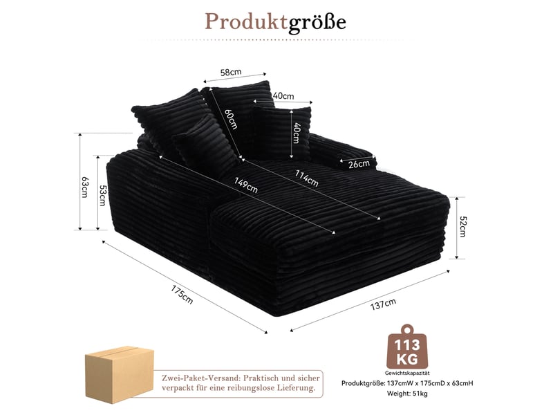  Méridienne convertible modenvie en velours côtelé noir 137 x 175 cm avec 4 coussins  - Conforama C