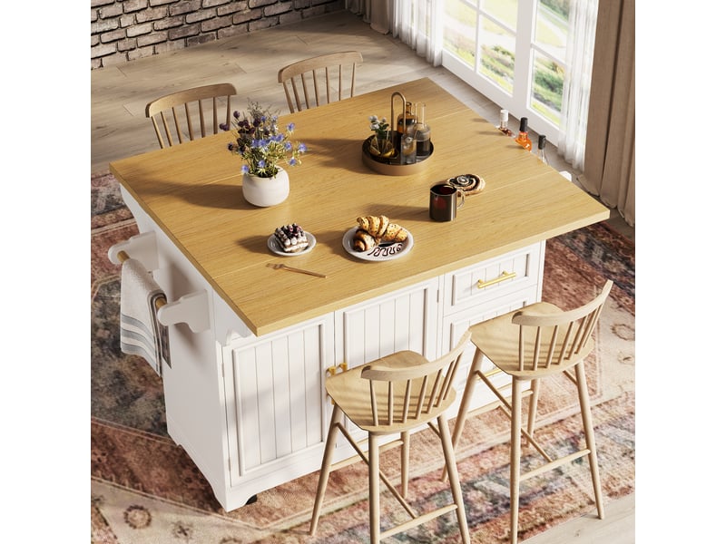  Îlot de cuisine mobile 120x40x95 cm avec plateau extensible, rangement, tiroirs, portes à motifs verticaux et table repas escamotable - blanc  - Conforama B