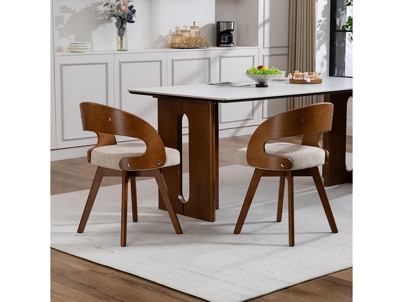 Chaise de salle à manger moderne pivotante en bois avec coussin coton lin dossier incurvé chaise d'appoint pour cuisine café salon  - Conforama D