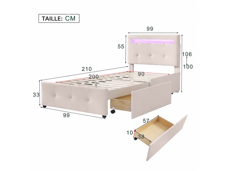  Lit avec tiroirs 1 place 90×200 cm, 2 tiroirs, led et tête réglable, rembourré, beige, sans matelas  - Conforama D