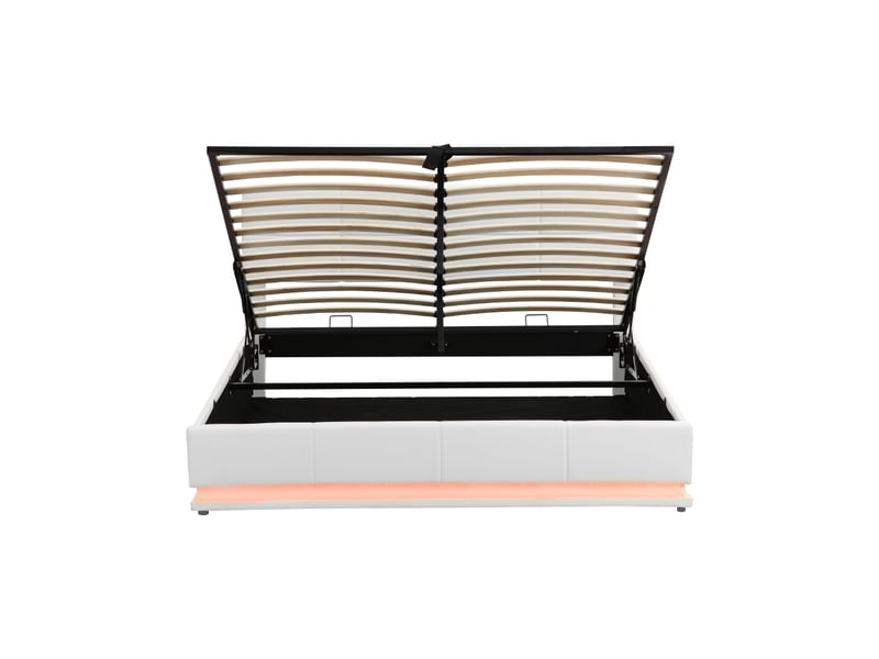  Lit capitonné 180x200 cm avec éclairage led et coffre de rangement relevable hydrauliquement, sommier à lattes, revêtement en similicuir, lit double, lit adulteenfant, blanc  - Conforama E