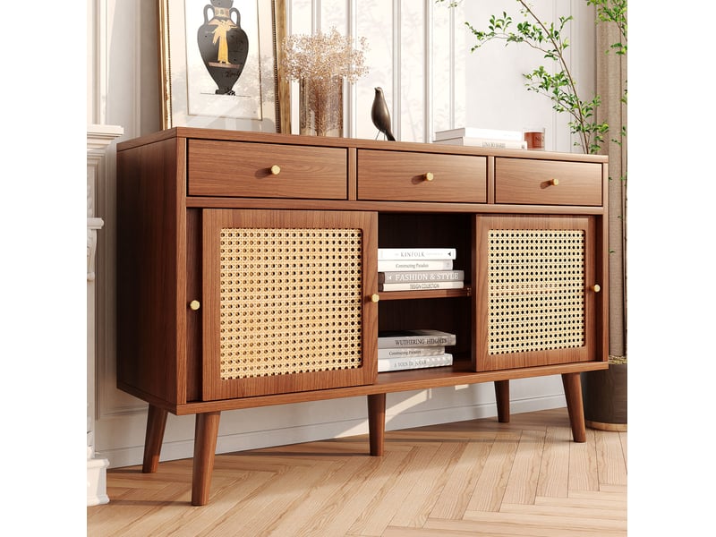  Buffet 3 portes coulissantes et 3 tiroirs en mdf, coloris noyer, 120 x 40 x 78 cm  - Conforama B