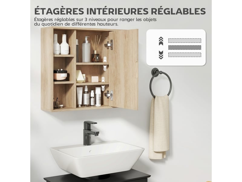  Meuble salle de bain avec miroir, 60 x 14,5 x 49,4 cm, placard à portes et 6 compartiments ouverts, bois naturel  - Conforama R
