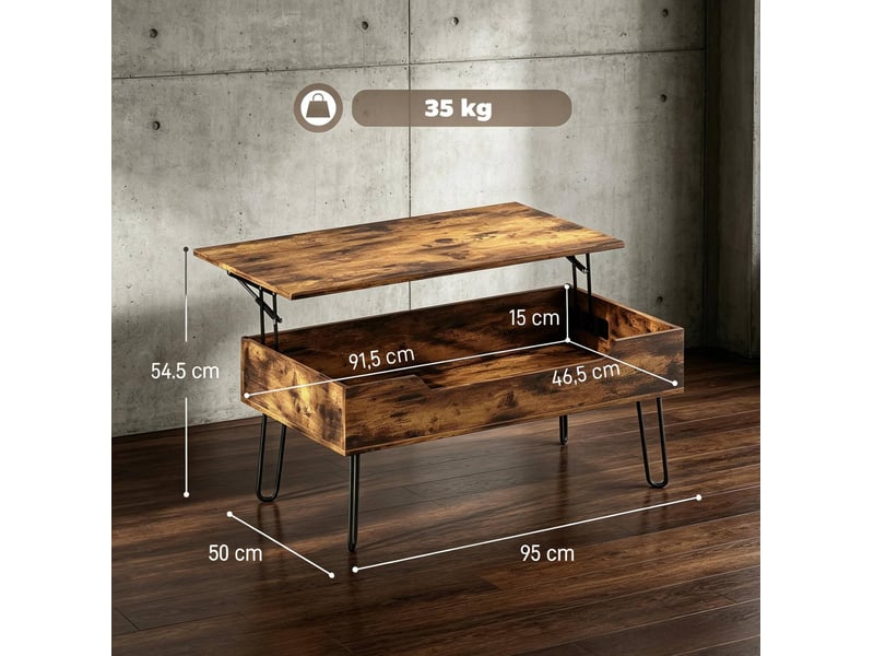 Table basse rectangulaire 95x50x40 cm relevable avec rangement mdf métal marron rustique et noir - Conforama C
