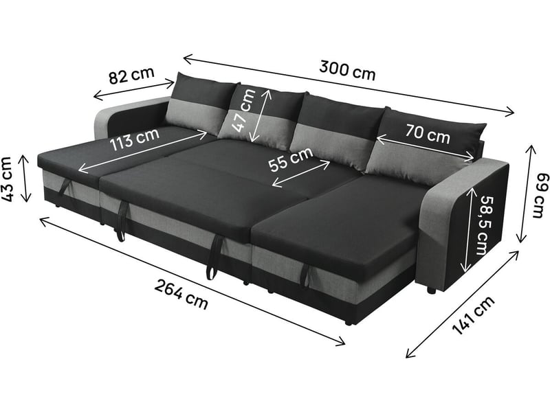 Canapé panoramique convertible en tissu victor - 4 places - noir  - Conforama C