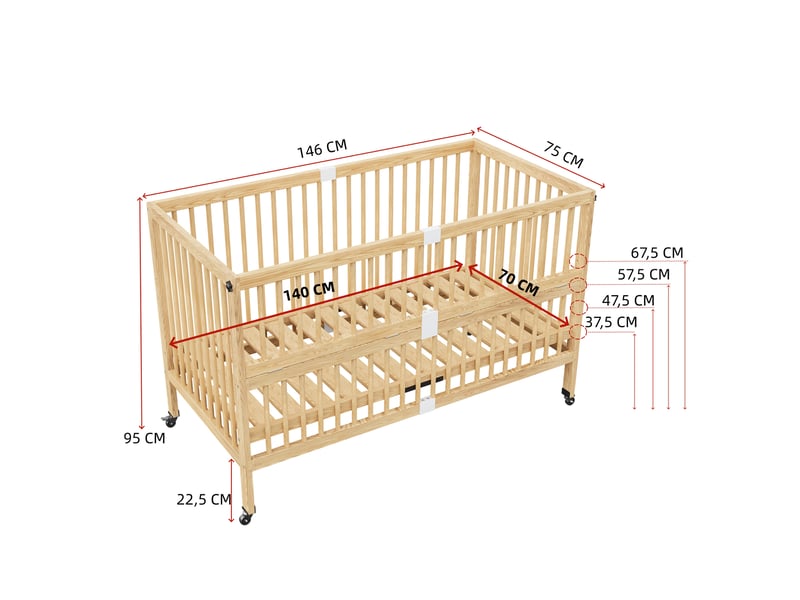 Lit enfant évolutif, 4 hauteurs et roulettes verrouillables - okmyhome- barrière rabattable, pin massif, sans matelas - Conforama D