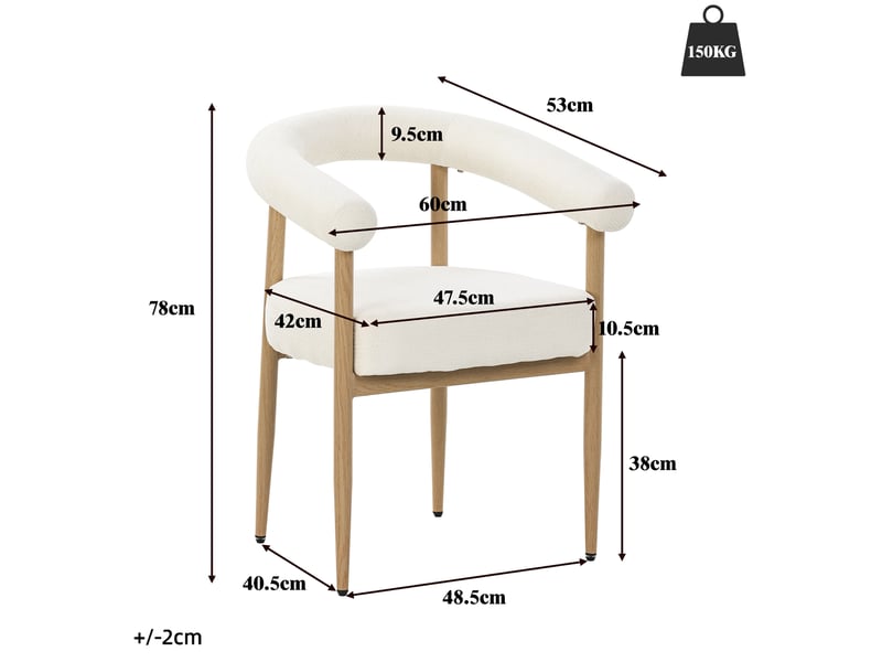  Lot de 4 chaises de salle à manger 48,5x40,5x78 cm, blanc, ergonomique, patins réglables, style contemporain, métal, tissu  - Conforama C