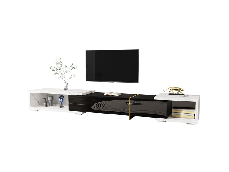  Meuble tv modenvie extensible pivotant 140 à 260 cm mdf noir effet marbre blanc  - Conforama A