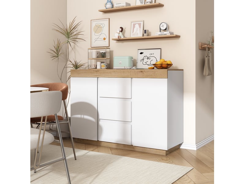  Commode modenvie 3 tiroirs et 2 portes 120,5 x 40,2 x 82,5 cm panneaux de particules e1 blanc et chêne  - Conforama E