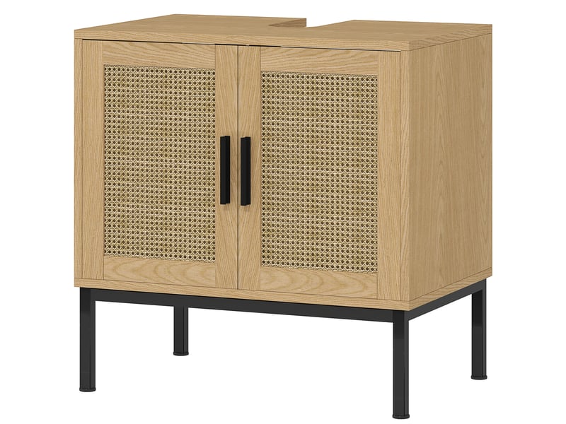  Meuble sous vasque style bohème, effet chêne et rotin, découpe en u, 60 x 39 x 60 cm  - Conforama B