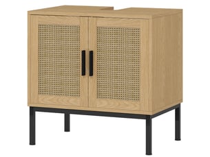 Meuble sous vasque style bohème, effet chêne et rotin, découpe en u, 60 x 39 x 60 cm