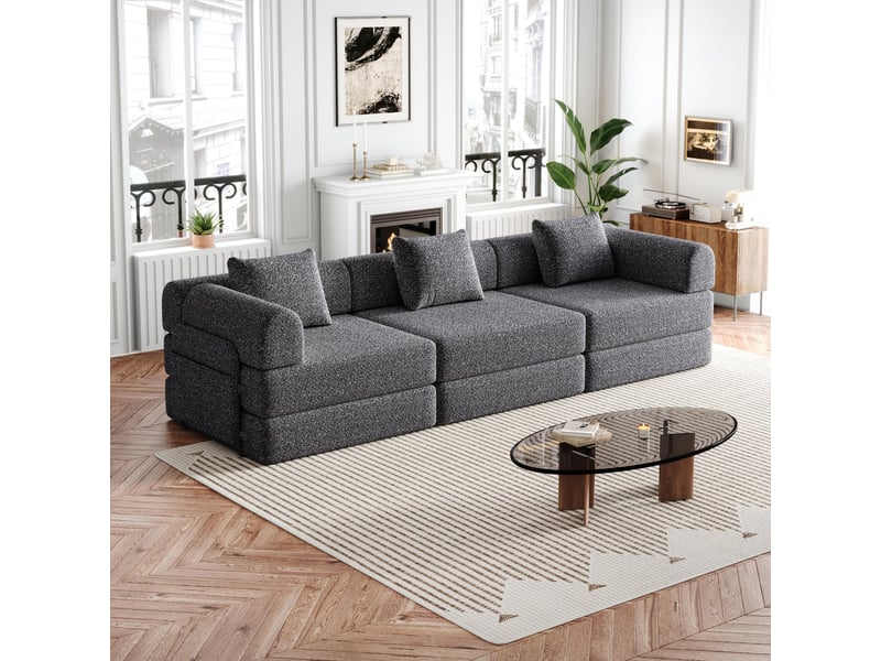  Canapé convertible 3 places - 274x91x70cm - chauffeuse lit chenille, poches rangement, cadre acier - gris foncé  - Conforama C