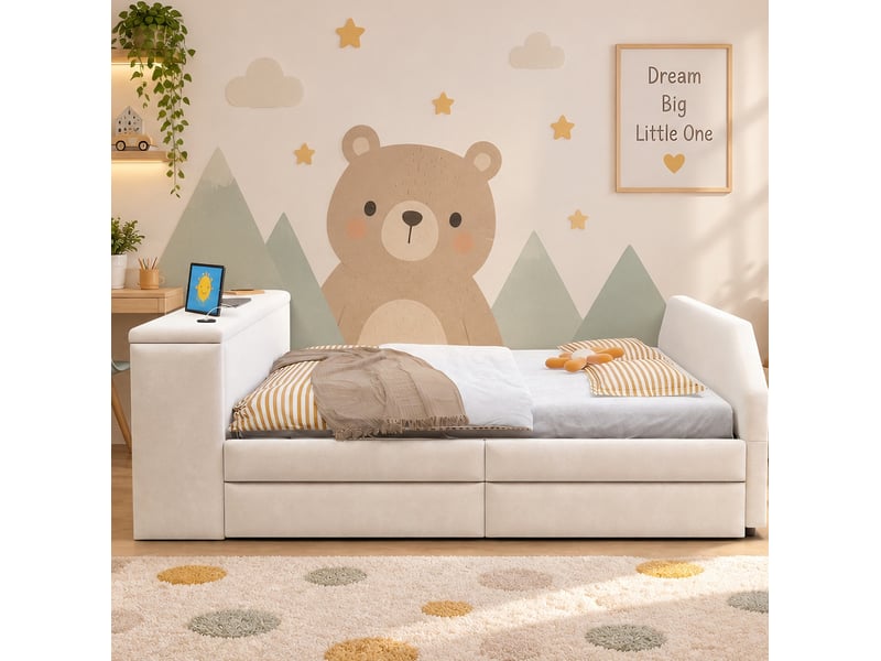  Lit enfant 140x200 cm en velours avec bureau, port usb et lit gigogne beige chicfurn  - Conforama C
