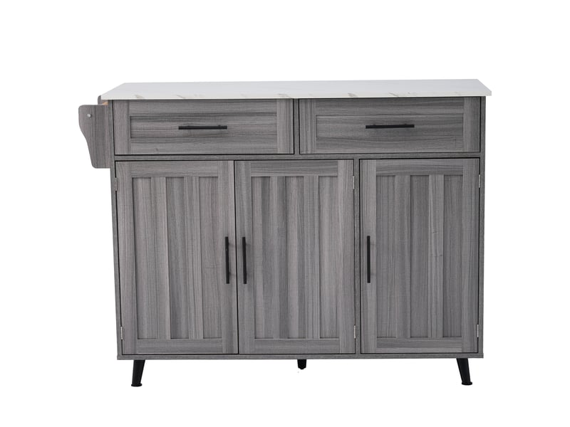  Desserte de cuisine gris kaki et blanc 129 × 4671 × 91,5 cm en mdf, plateau effet marbre, rabattable et sur roulettes  - Conforama A