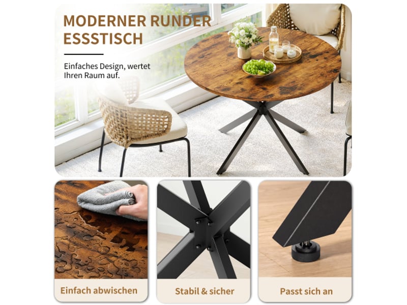 Table à manger ronde ø120 cm – style industriel, pieds en x, bois brun vintage et noir, cuisine et salon - Conforama C