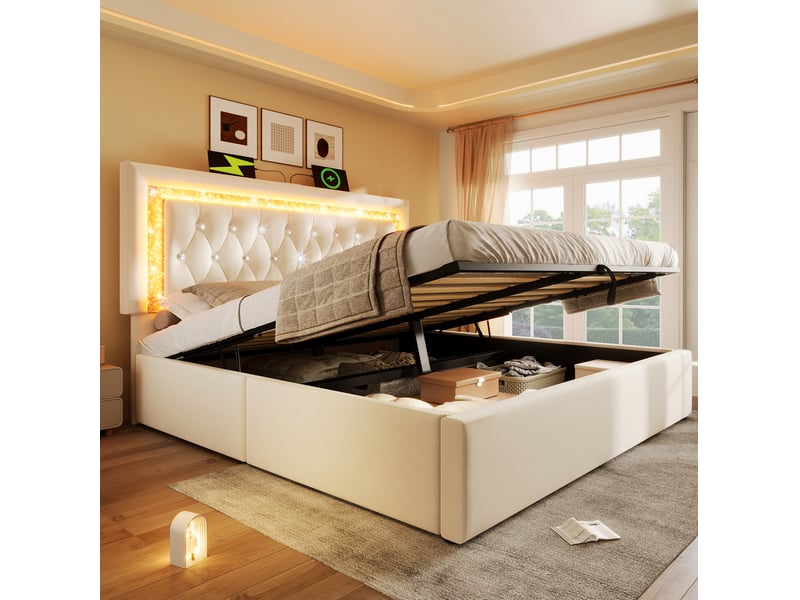  Lit coffre 2 places 160x200 cm, beige, matelas inclus, usb et type-c, en velours doté de led intégré  - Conforama E