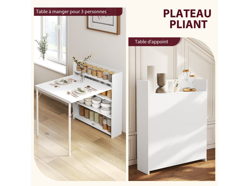  Table à manger pliante, table de cuisine pour 3 personnes, plateau à abattant et 4 étagères, 78,5x91x93cm, blanc  - Conforama D