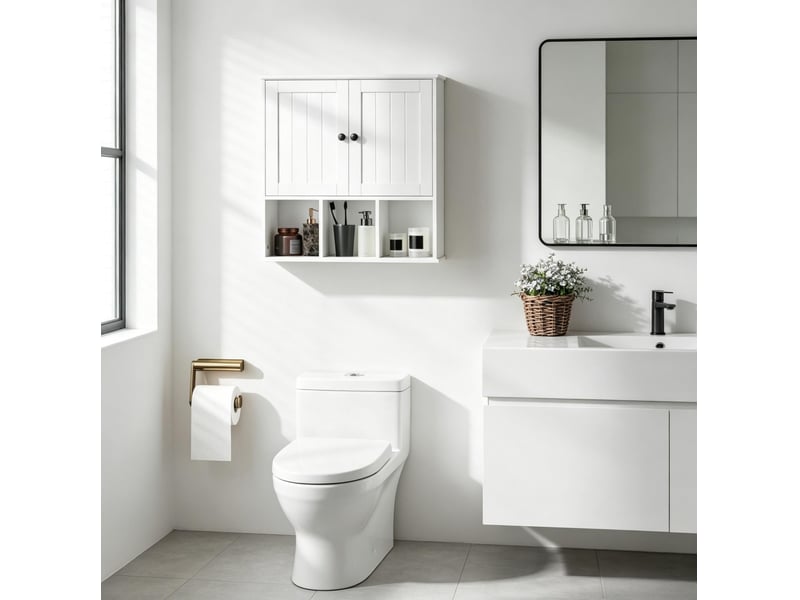  Meuble mural de salle de bains blanc en mdf, 2 portes et 3 niches ouvertes, style campagne, gain de place  - Conforama E