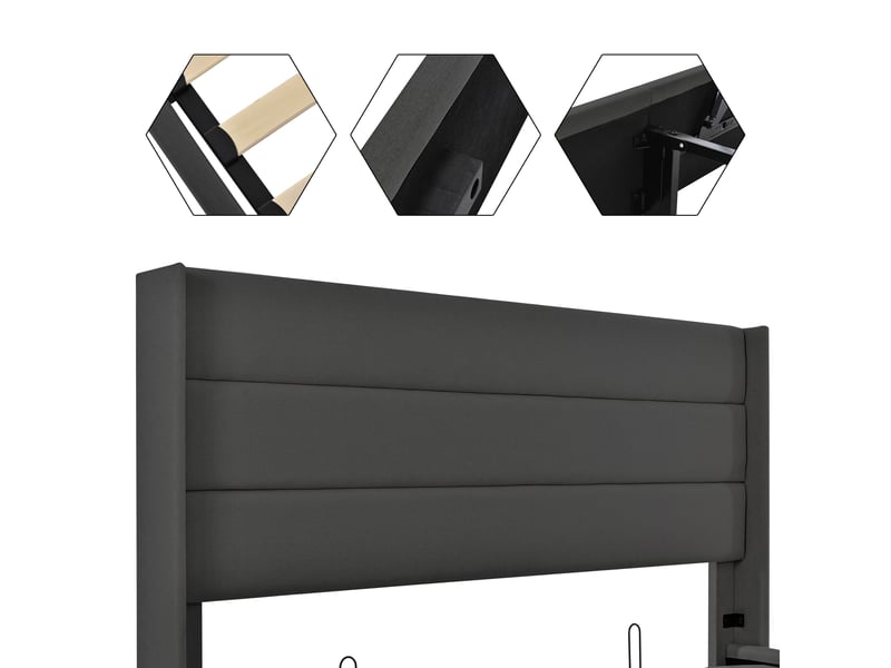  Lit coffre, lit double 160x200 cm, sommier à lattes, matelas inclus, métal et bois gris  - Conforama W