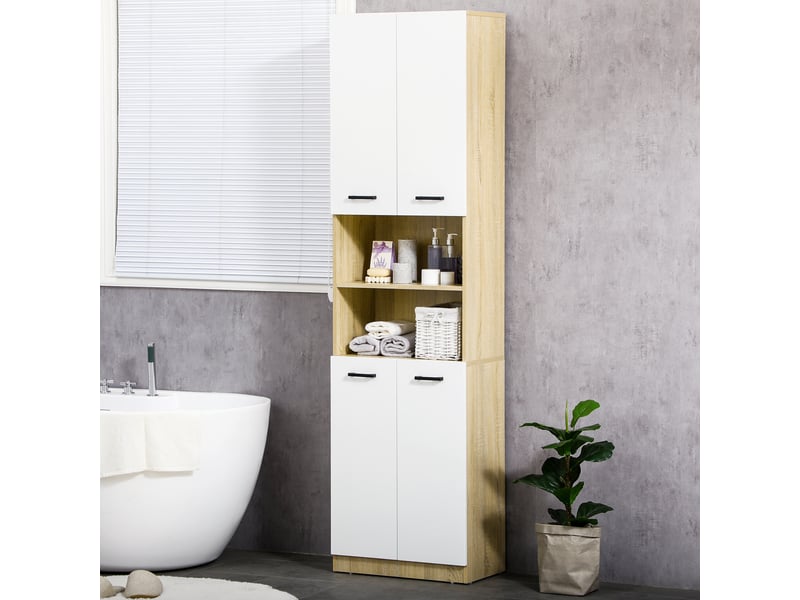  Armoire de salle de bain haute à 4 portes, 2 étagères ouvertes et étagères réglables, 53 x 33,5 x 195,7 cm, blanc et chêne  - Conforama D