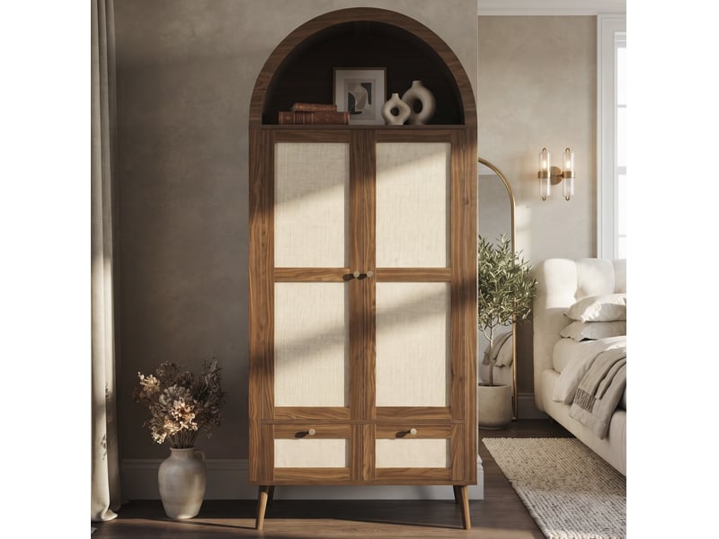  Armoire avec 2 portes, 2 tiroirs, tringle et niche ouverte, pour chambre, en mdf, noyer et beige, 80 × 55 × 180 cm  - Conforama C