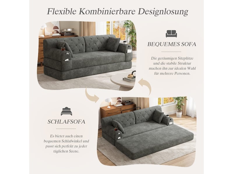  3-sitzer schlafsofa, komprimiertes cord sofa mit hoher rückenlehne, metallrahmen, hochdichtem schaumstoff, 2 getränkehaltern und 4 seitentaschen, geei HFSN-1278DG - Conforama D