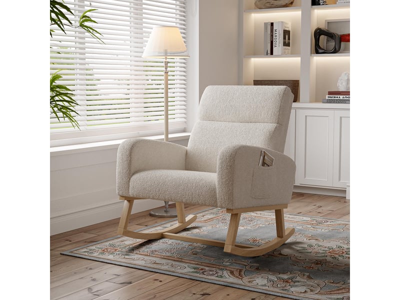  Fauteuil à bascule - 69.2x78.5x87cm - chaise en tissu bouclé teddy, berçante moderne avec poches latérales - beige  - Conforama C