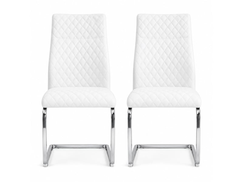  Lot de 2 chaises de salle à manger 43x63x100 cm, blanc+argenté, chaise cuisine avec dossier surélevé motif losange, métal+pu  - Conforama A