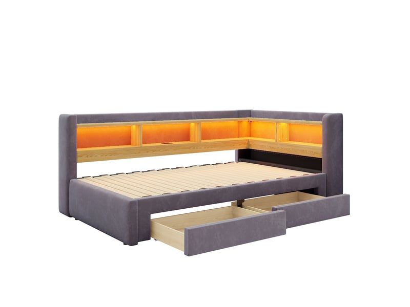  Canapé-lit 90x200 cm – avec lit gigogne – 2 tiroirs – avec éclairage led – avec prise électrique – gris foncé (matelas non inclus)  - Conforama W
