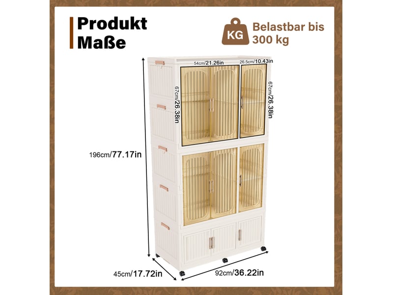  Armoire pliable avec 9 portes magnétiques, 2 penderies, 7 niches et 6 roulettes freinées pour chambre, crème  - Conforama D