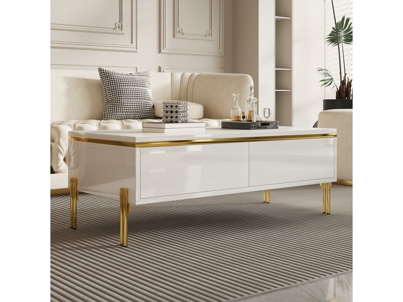 Table basse 100x50x36 cm avec 2 tiroirs sur deux côtés, pieds en métal et panneaux de particules brillants, blanc et doré ABC - Conforama E
