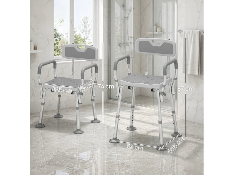  Chaise de douche réglable en hauteur avec dossier et accoudoirs, assise antidérapante pour salle de bains  - Conforama C