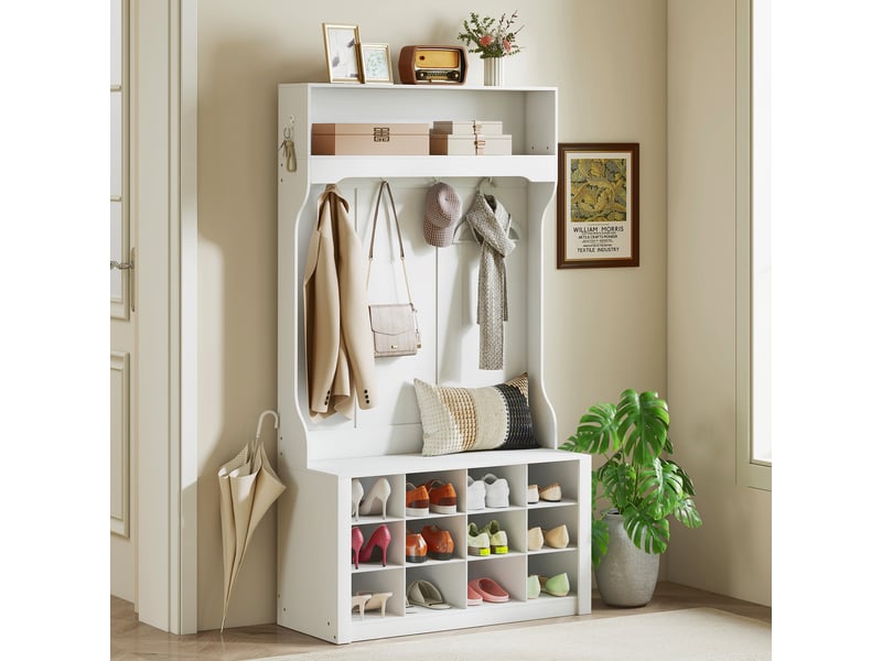  Porte-manteau 4-en-1 avec banc, banc d'entrée avec 12 compartiments à chaussures, blanc, 6 crochets et étagère ouverte  - Conforama A
