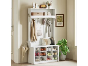 Porte-manteau 4-en-1 avec banc, banc d'entrée avec 12 compartiments à chaussures, blanc, 6 crochets et étagère ouverte