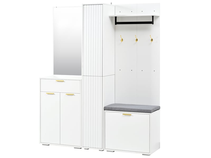  Ensemble vestiaire d’entrée avec miroir, banc, penderie et meuble à chaussures, blanc, rangement compact multifonctionnel  - Conforama E