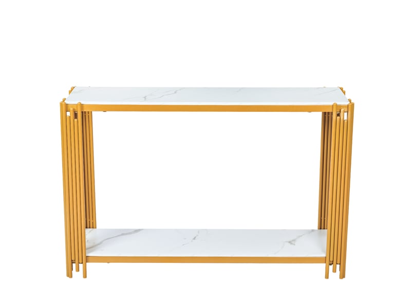  Console 123,5 cm – effet marbre blanc et doré avec 2 étagères – meuble d'entrée moderne – structure métallique robuste  - Conforama A