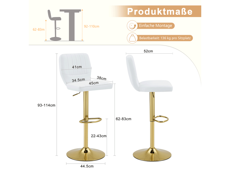  Tabouret de bar réglable  52 x 45 x 93-114 cm - siège pivotant à 360° -avec dossier et pédales en métal  - cuir - blanc  - Conforama C