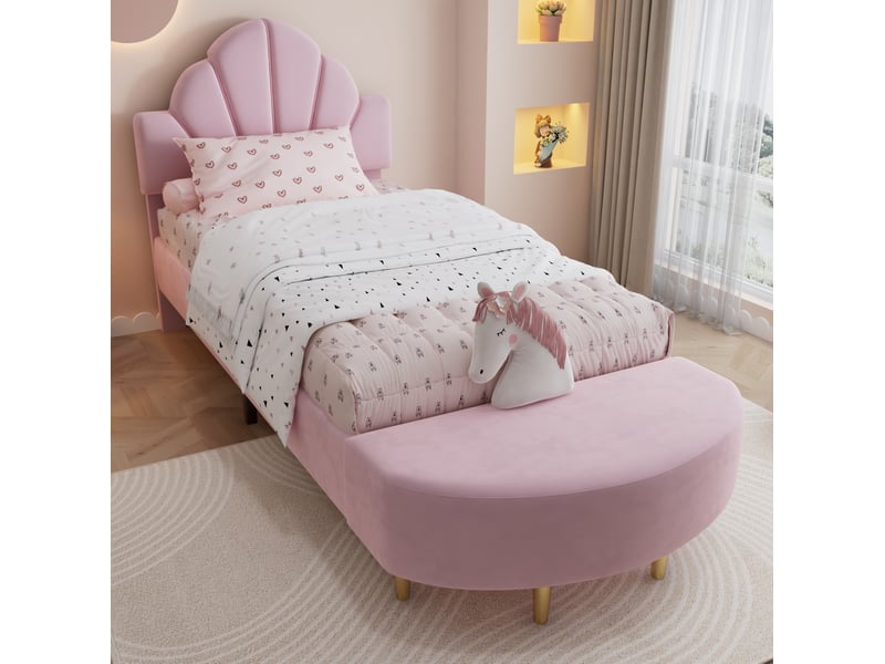  Lit simple 90x200cm tête capitonnée velours, bord mousse anti-collision, contreplaqué, rose, sans matelas  - Conforama B