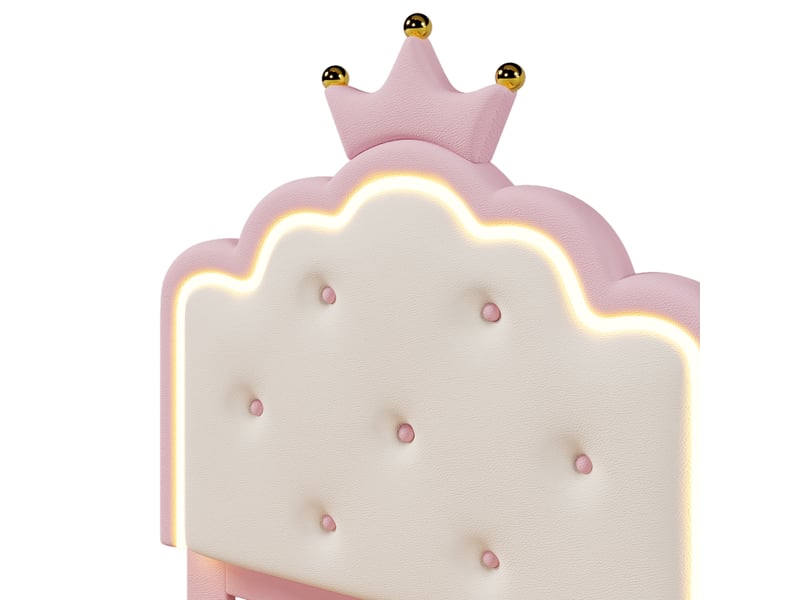  Lit enfant 90x200cm,lit simple pour filles en pu avec lumière led et pieds dorés,en forme de couronne,rose lit enfant rose - Conforama E