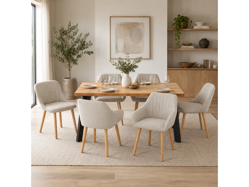 Ensemble table et 6 chaises - table rectangulaire 160x80 cm monobloc en chêne sauvage et pieds métal, 6 chaises en tissu beige et pieds bois - Conforama B