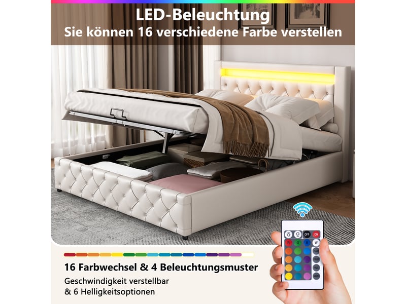  Lit double 140x200 cm avec sommier, lit 2 personnes, lit adulte avec éclairage led et tête de lit pu, blanc, cadre de lit adulte  - Conforama D