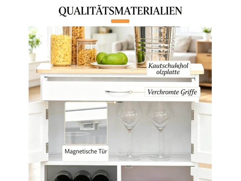 Desserte de cuisine avec 1 tiroir 3 portes et range-bouteilles à roulettes pour cuisine en mdf et métal blanc - Conforama D