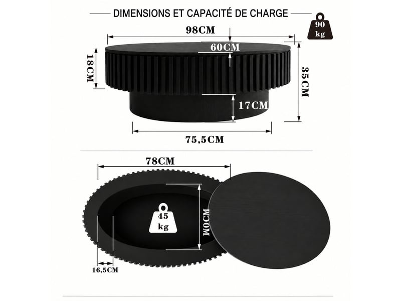  Table basse ovale 98 cm muvano avec rangement caché, table de salon cannelée noir mat en mdf, 98 x 60 x 35 cm  - Conforama E