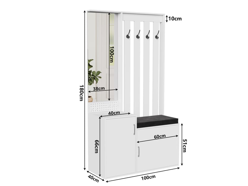  Vestiaire d'entrée - 100x40x180cm - meuble d'entrée tout-en-un avec miroir, banc, patères &amp; armoire à chaussures - blanc  - Conforama E
