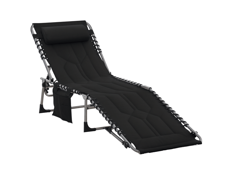  Chaise longue de jardin pliable noire, appui-tête et poche latérale, dossier 5 positions, résistante aux intempéries, charge max 130 kg  - Conforama A